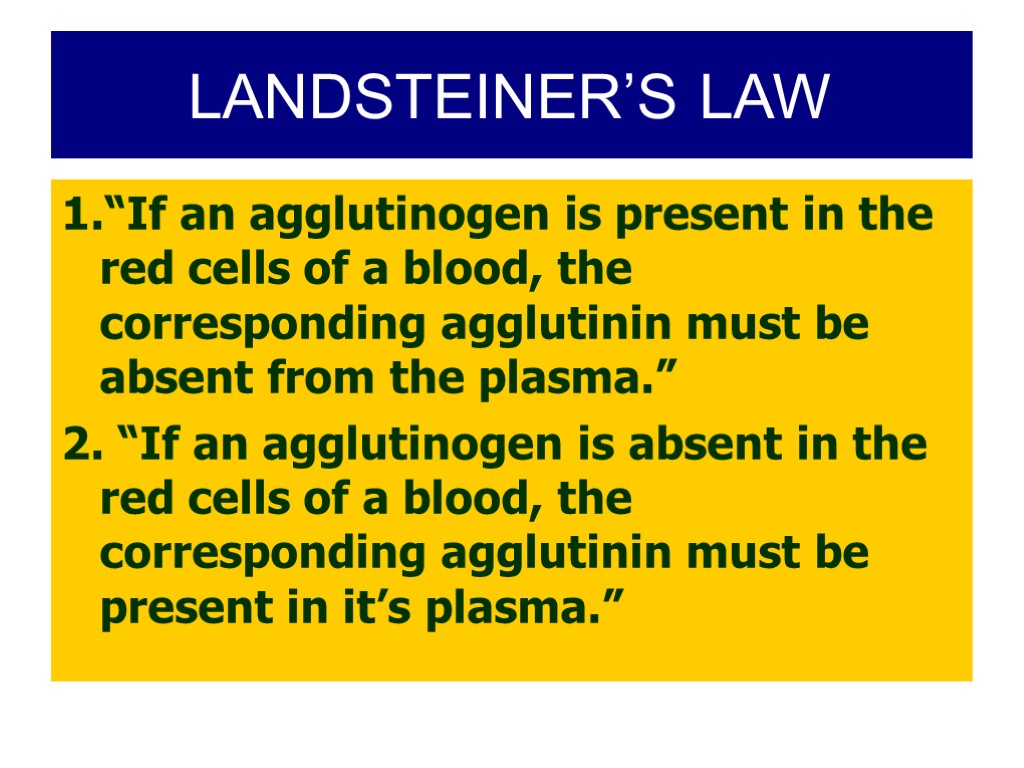 LANDSTEINER’S LAW 1.“If an agglutinogen is present in the red cells of a blood,